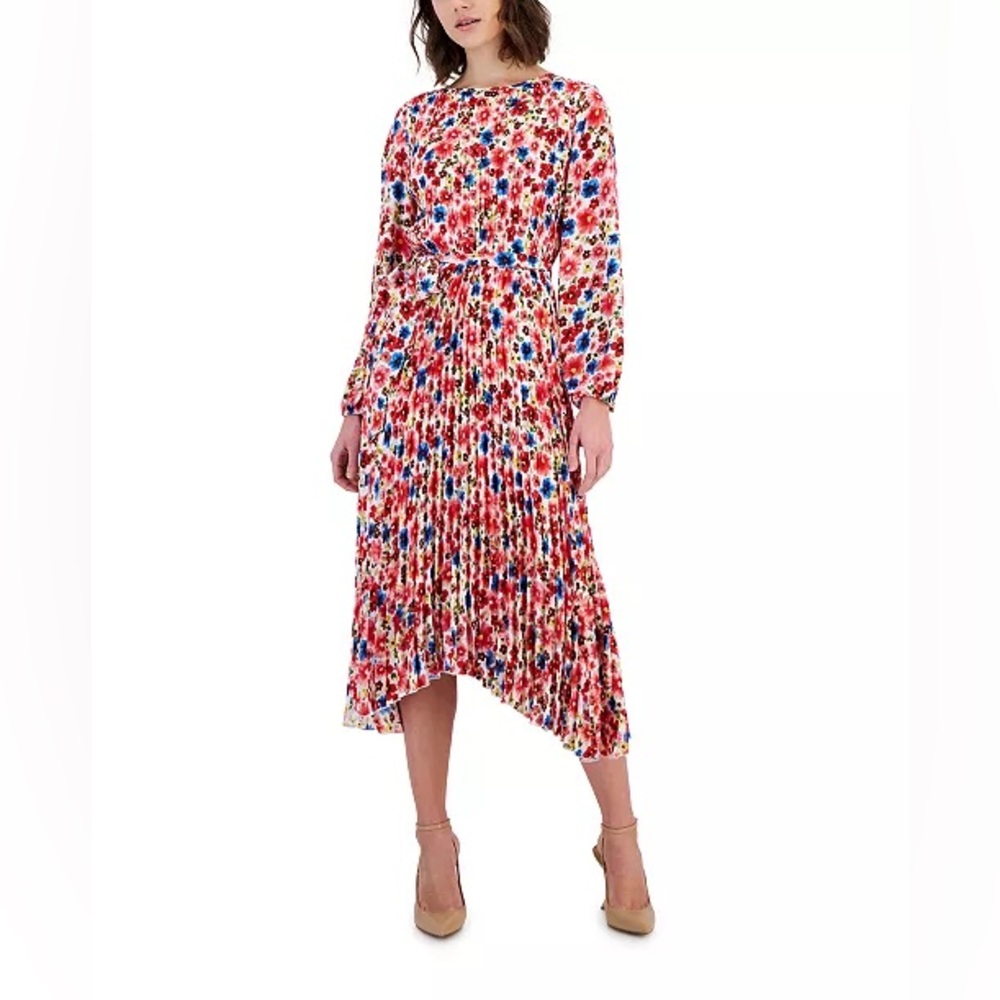 T Tahari Women's Floral-Print Chiffon Pleated Asymmetrical Midi Dress NWOT Small